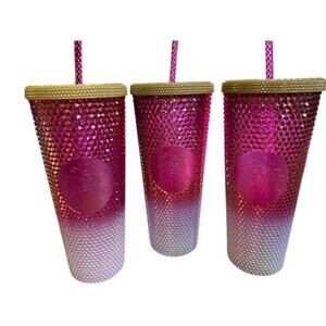 Starbucks Holiday Tumbler Set of 3 Gold/Ruby/White Studded 24 Oz Cold Cup NEW